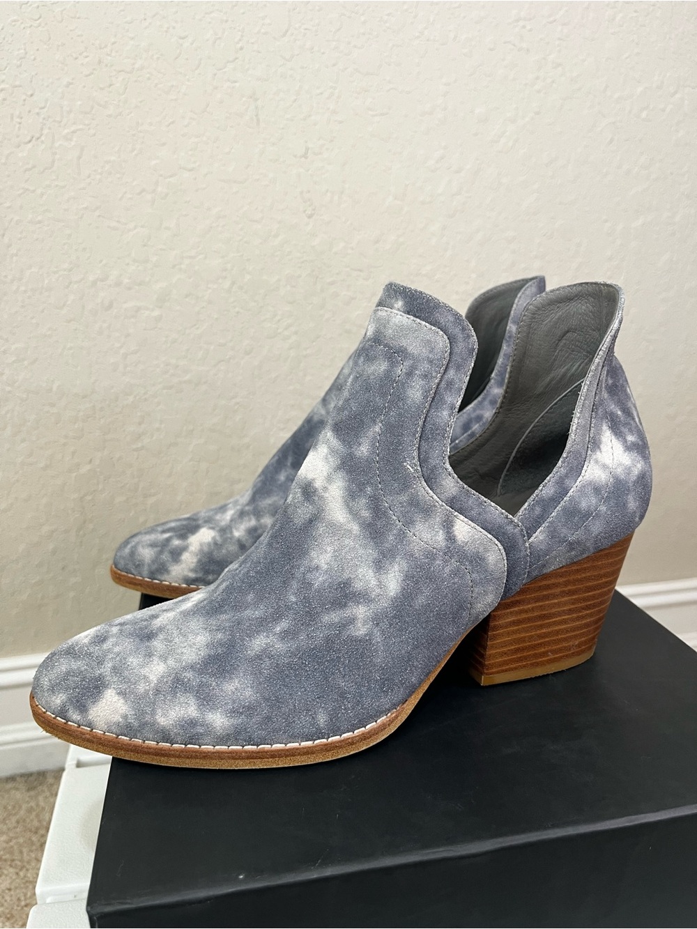 Marbled Gray Suede Slip-On Ankle Booties